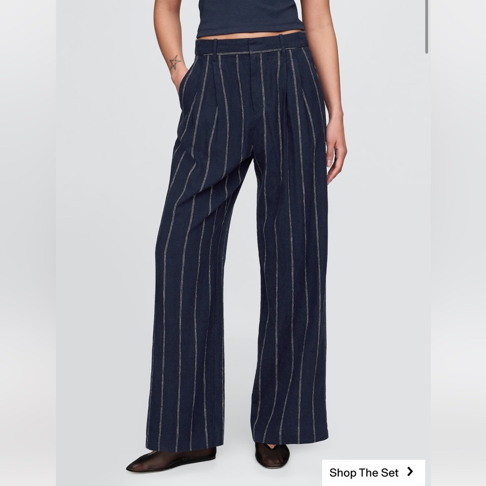 Gap 365 High-Rise Linen Blend Trouser, Navy and White Pinstripe, 8